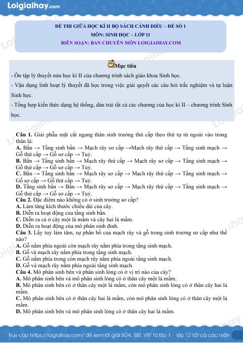 Đề thi giữa học kì 2 Sinh 11 Cánh diều - Đề số 1